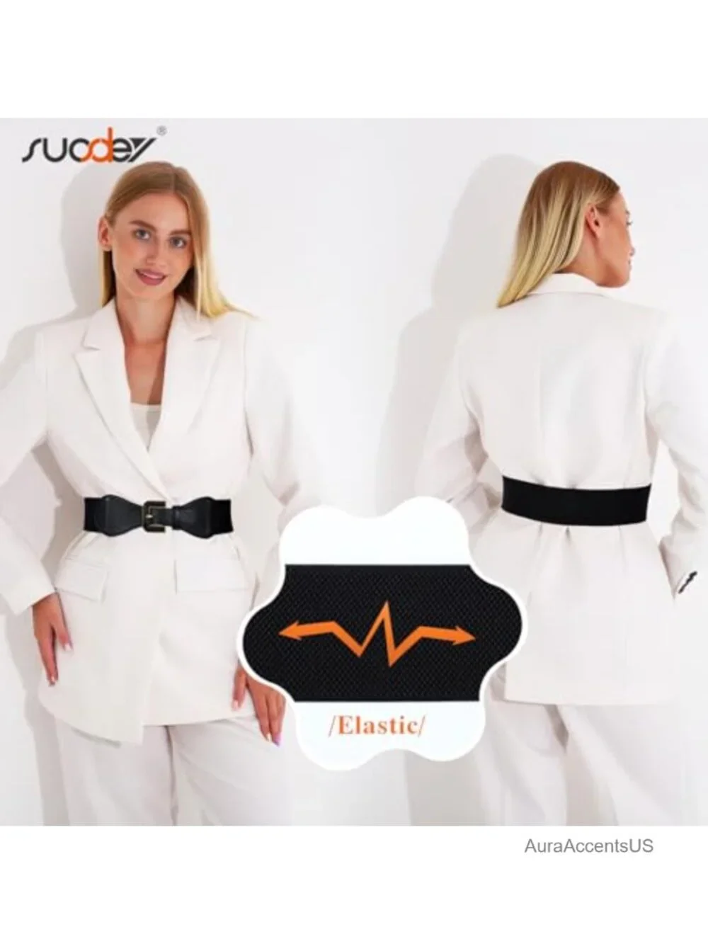 Wide Waist Belt with Gold Buckle Faux Leather Elastic Chunky Dress Belt
